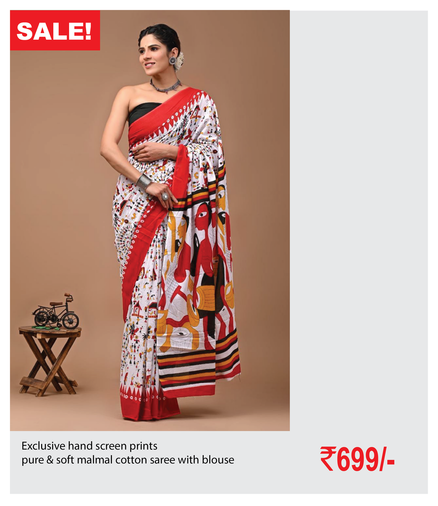 Exclusive hand screen prints pure & soft malmal cotton saree with blouse