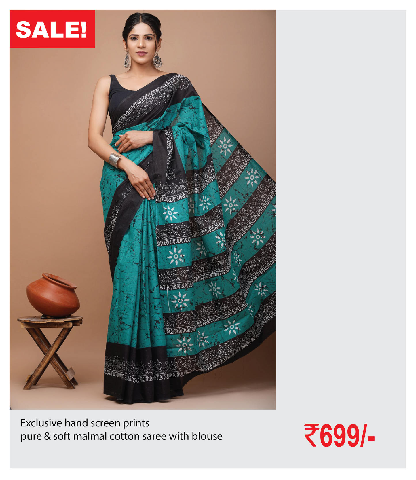 Exclusive hand screen prints pure & soft malmal cotton saree with blouse