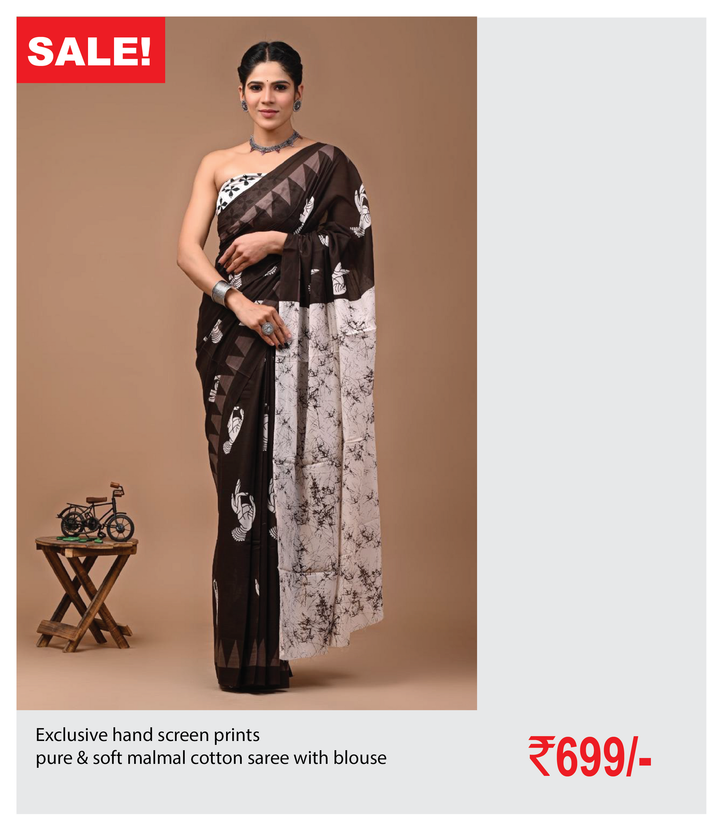 Exclusive hand screen prints pure & soft malmal cotton saree with blouse
