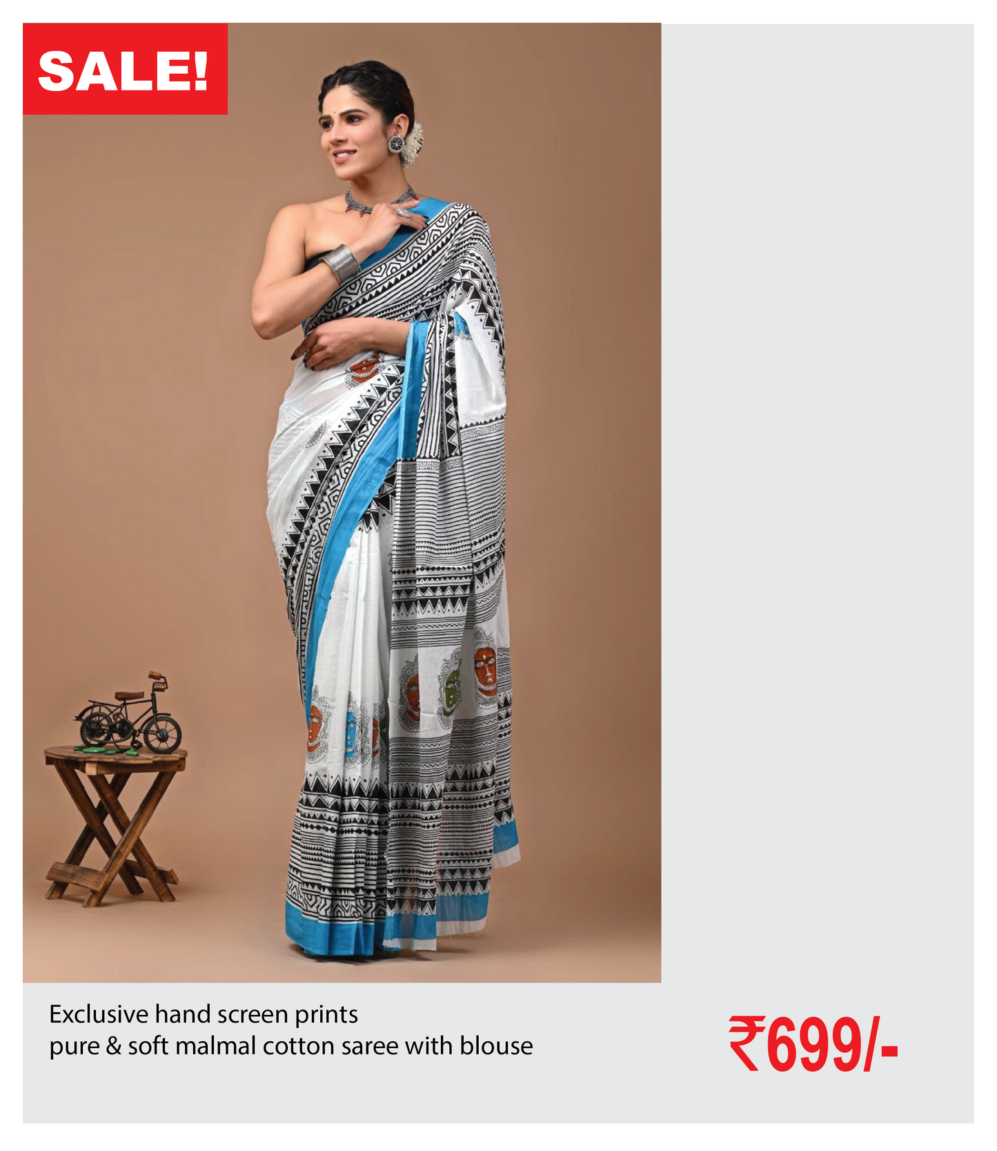 Exclusive hand screen prints pure & soft malmal cotton saree with blouse