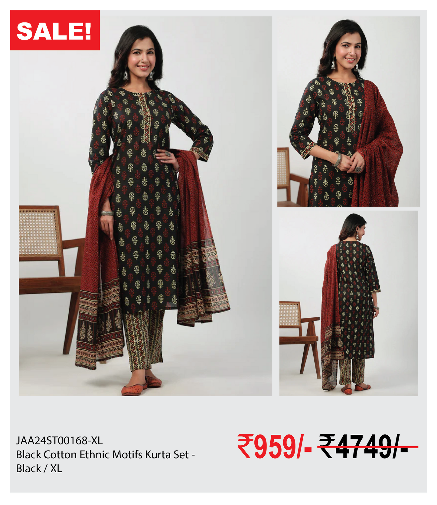 Black Cotton Ethnic Motifs Kurta Set - Black / XL