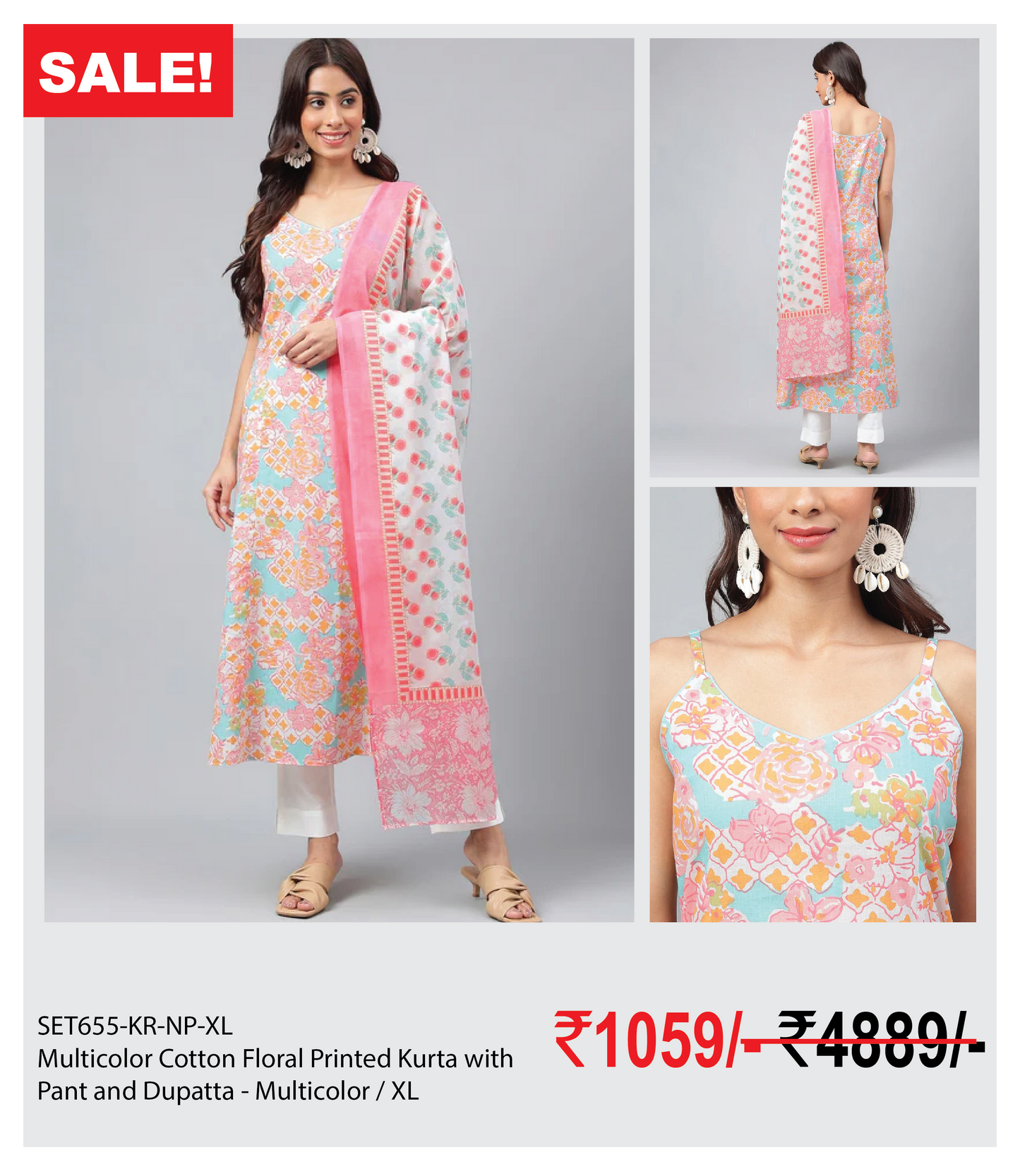 Multicolor Cotton Floral Printed Kurta with Pant and Dupatta - Multicolor / XL