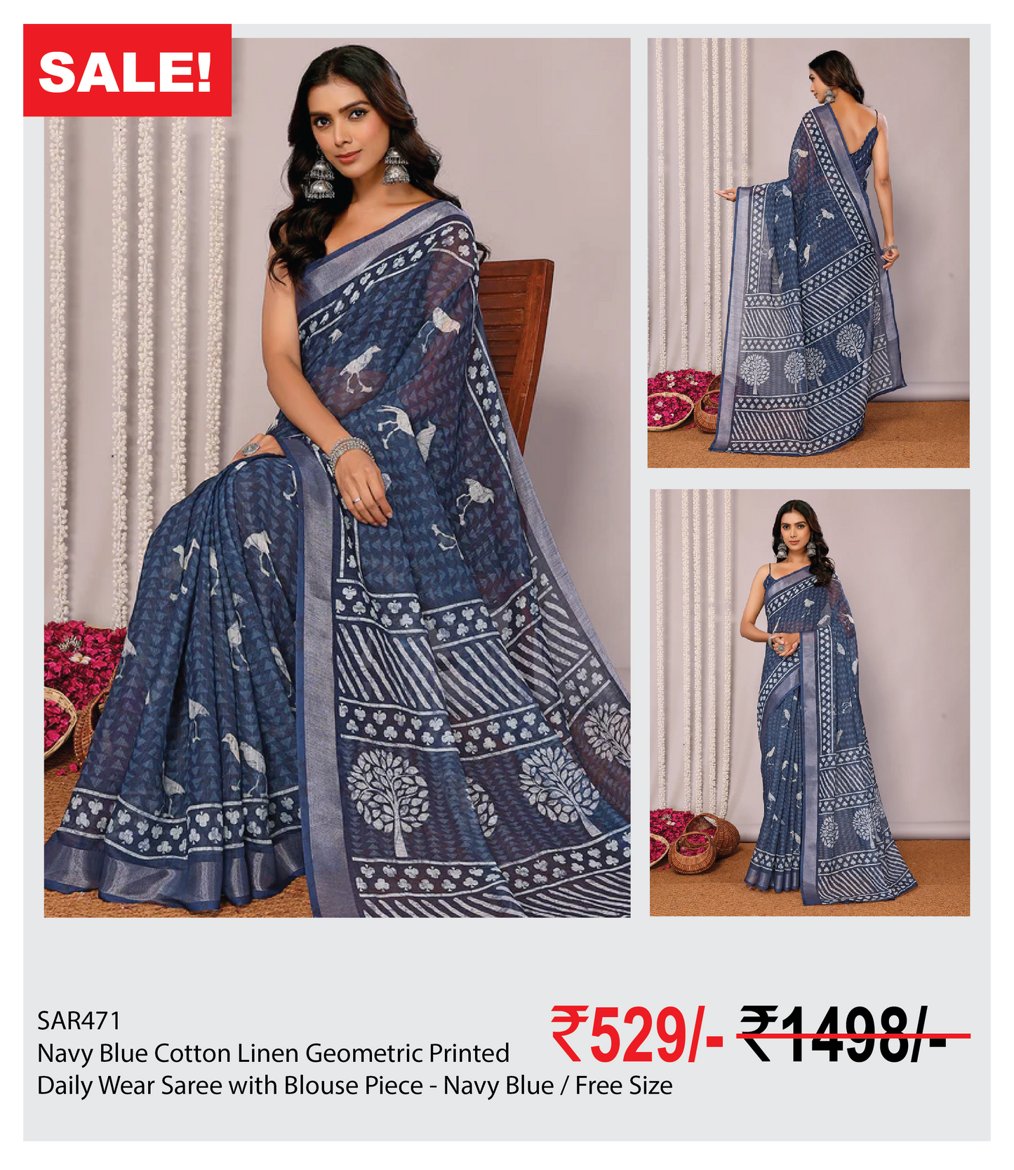 Navy Blue Cotton Linen Geometric Printed Daily Wear Saree with Blouse Piece - Navy Blue / Free Size
