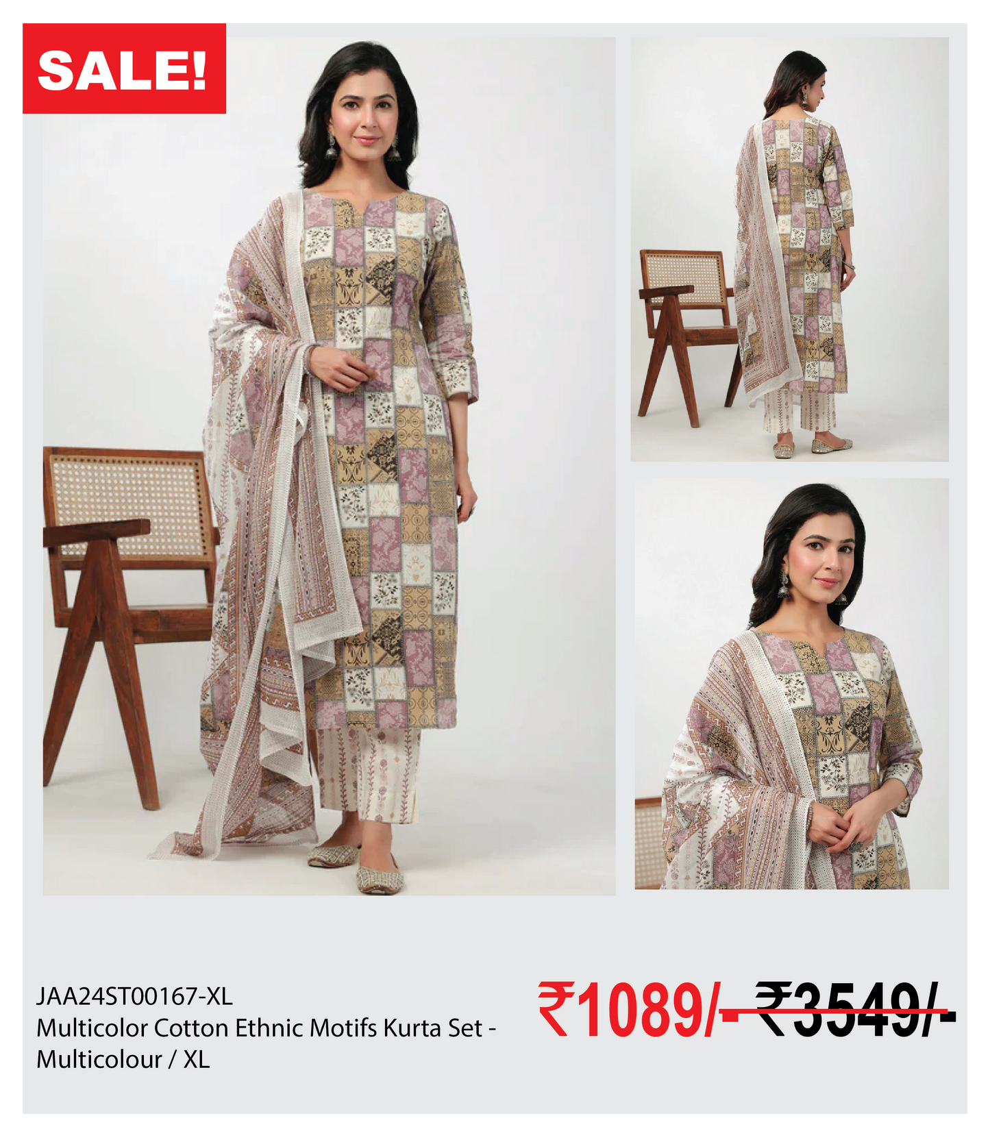 Multicolor Cotton Ethnic Motifs Kurta Set - Multicolour / XL