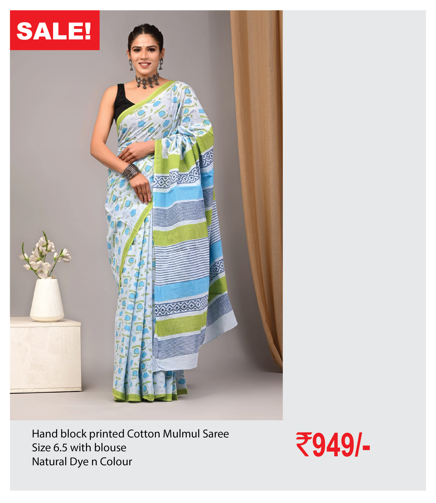 Hand block printed Cotton Mulmul Saree