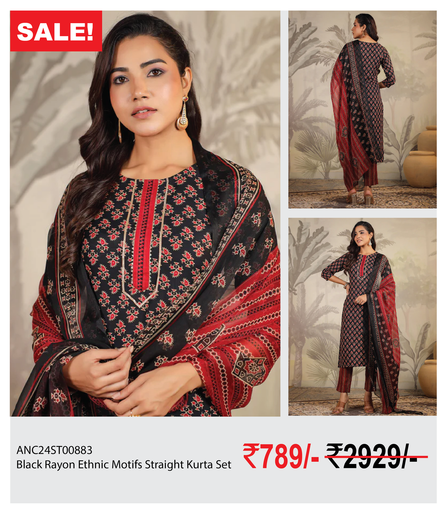 Black Rayon Ethnic Motifs Straight Kurta Set