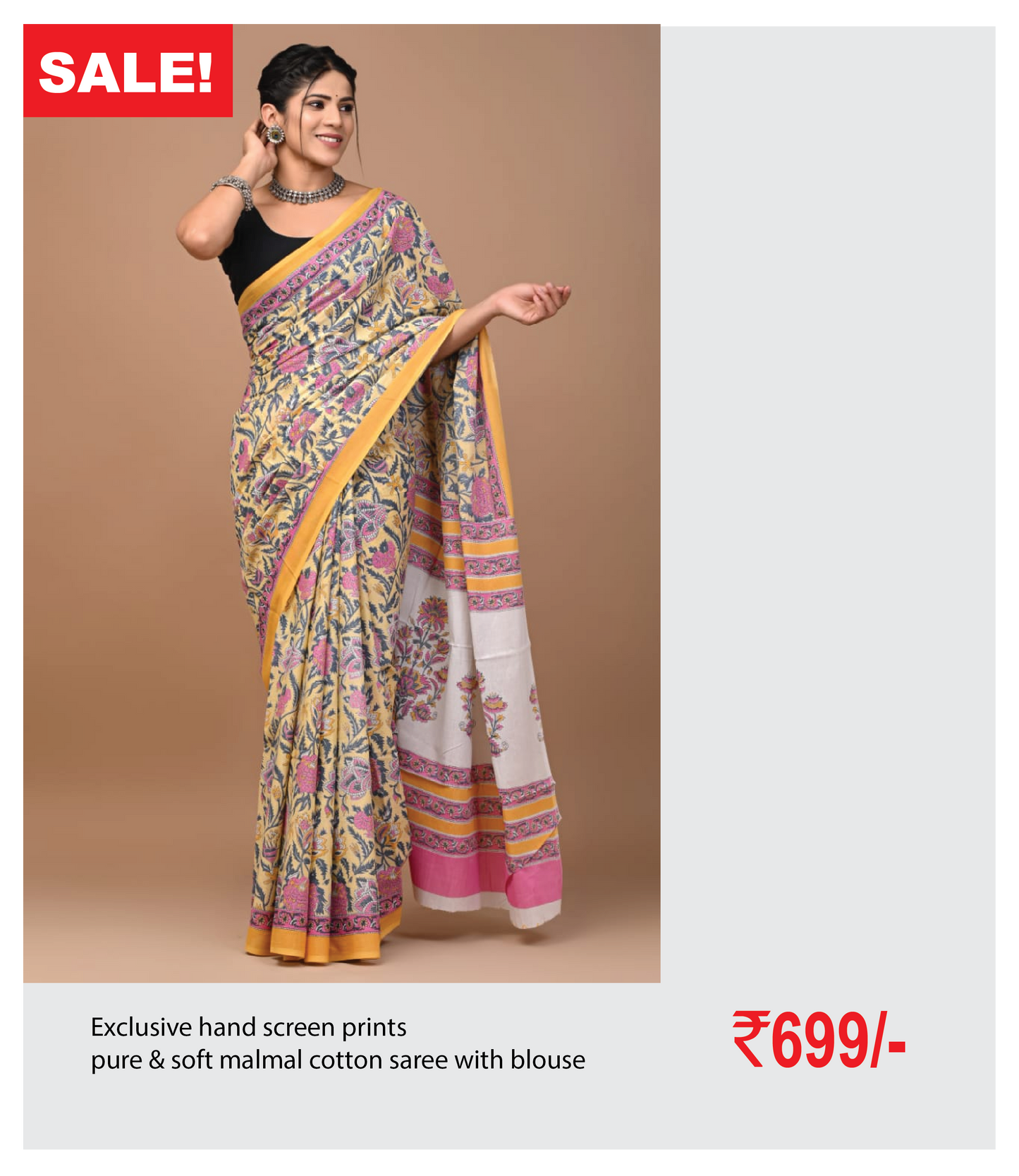 Exclusive hand screen prints pure & soft malmal cotton saree with blouse