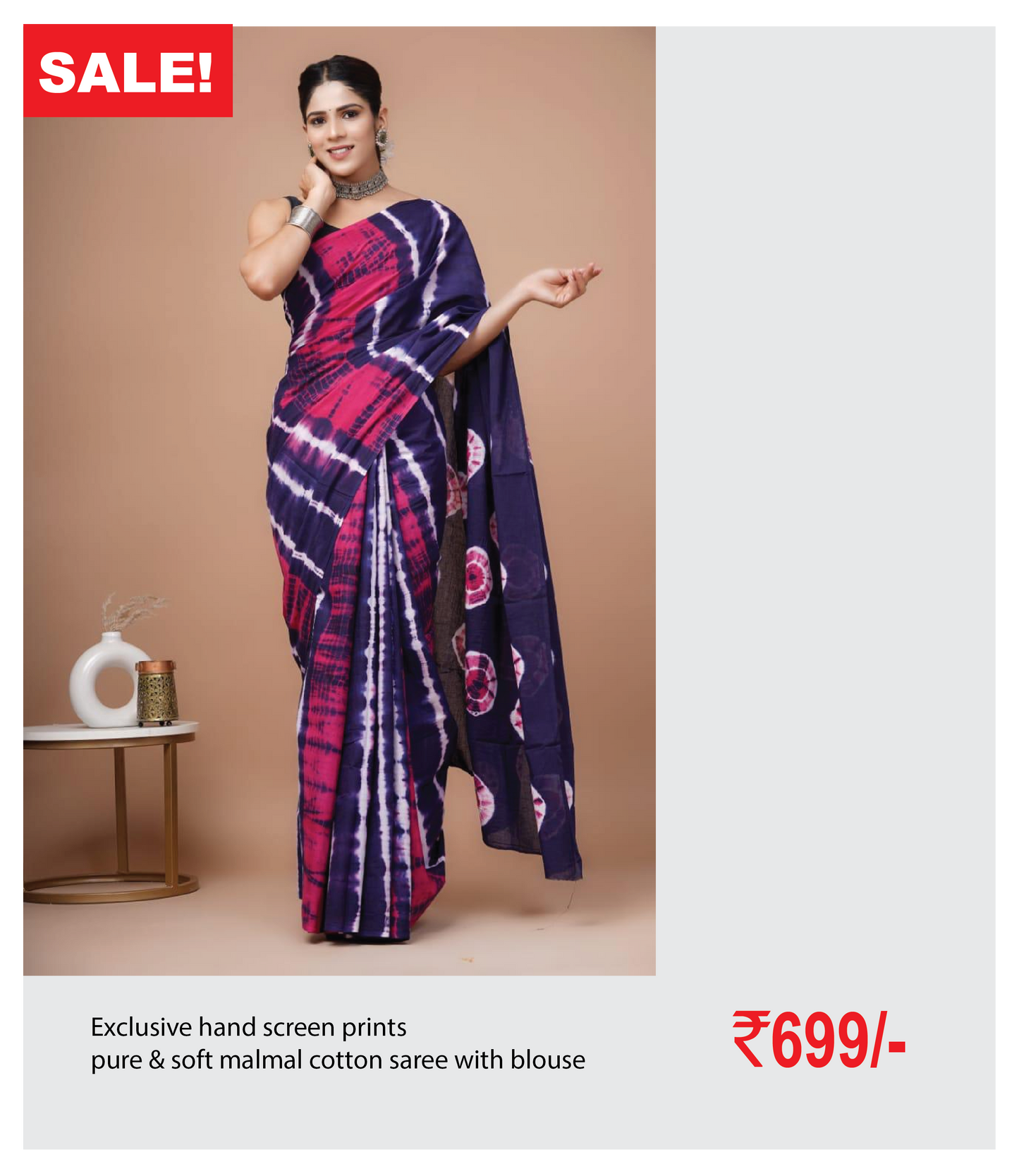 Exclusive hand screen prints pure & soft malmal cotton saree with blouse