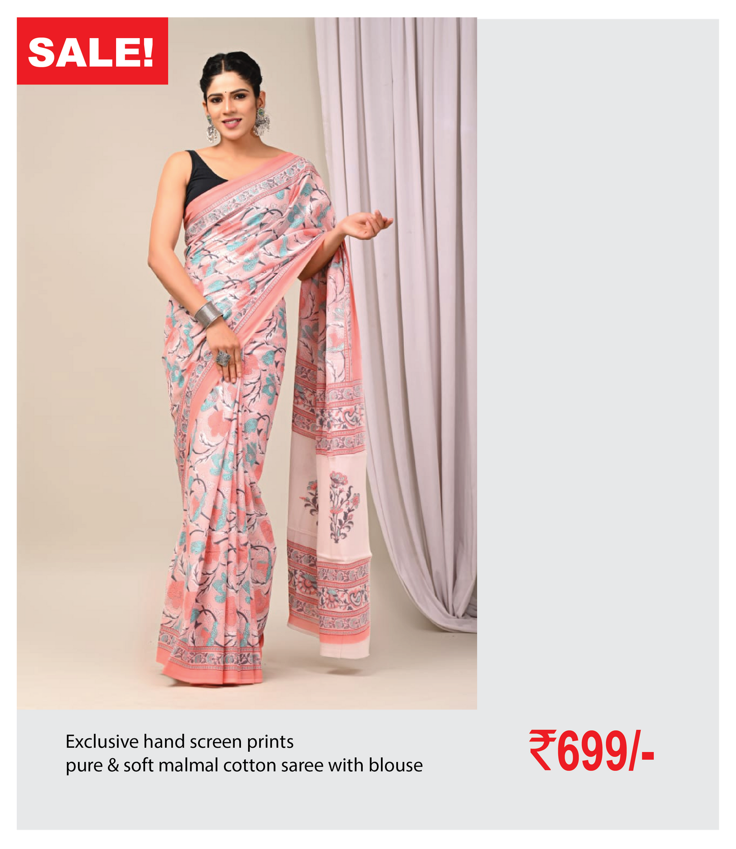 Exclusive hand screen prints pure & soft malmal cotton saree with blouse