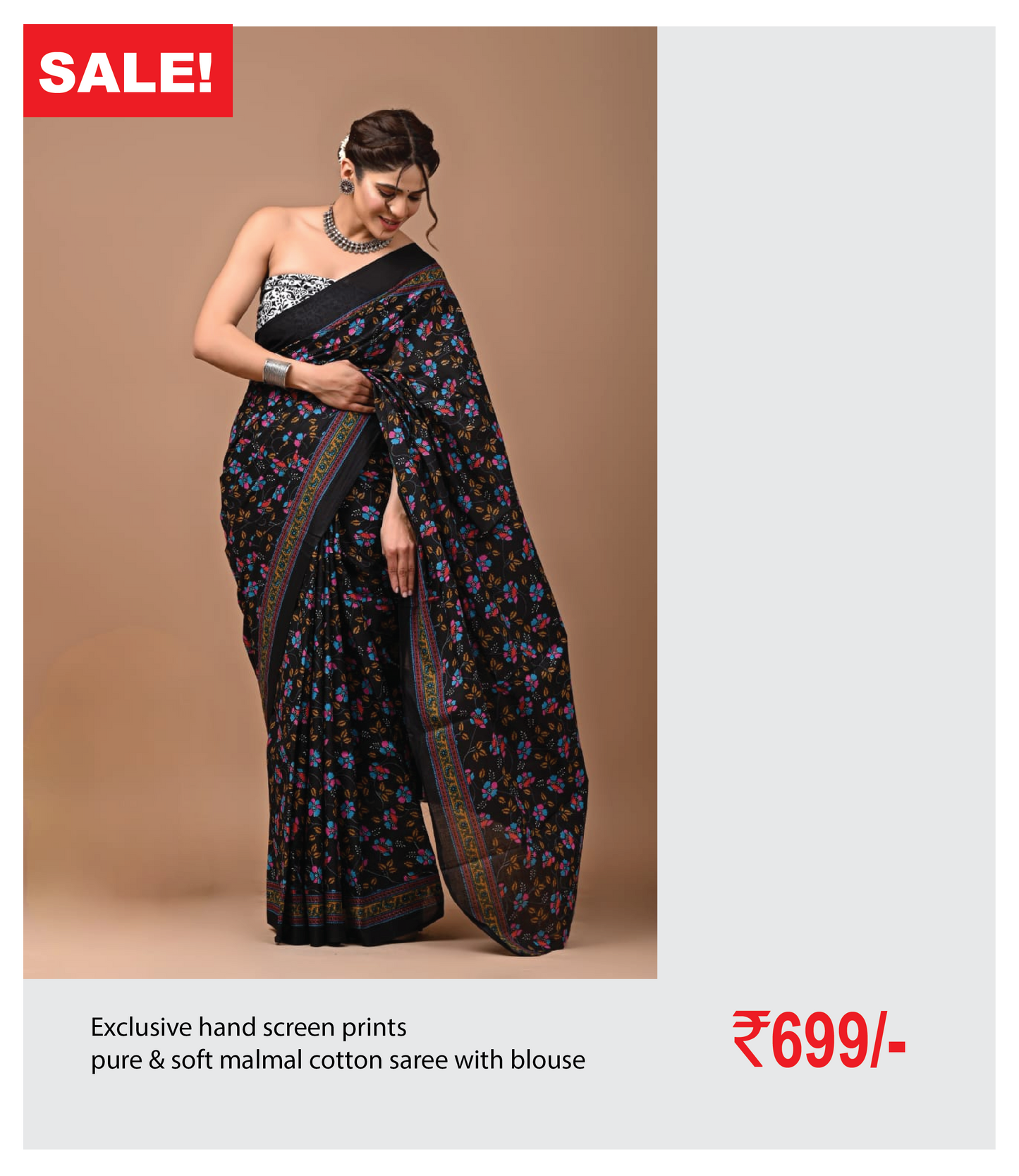 Exclusive hand screen prints pure & soft malmal cotton saree with blouse