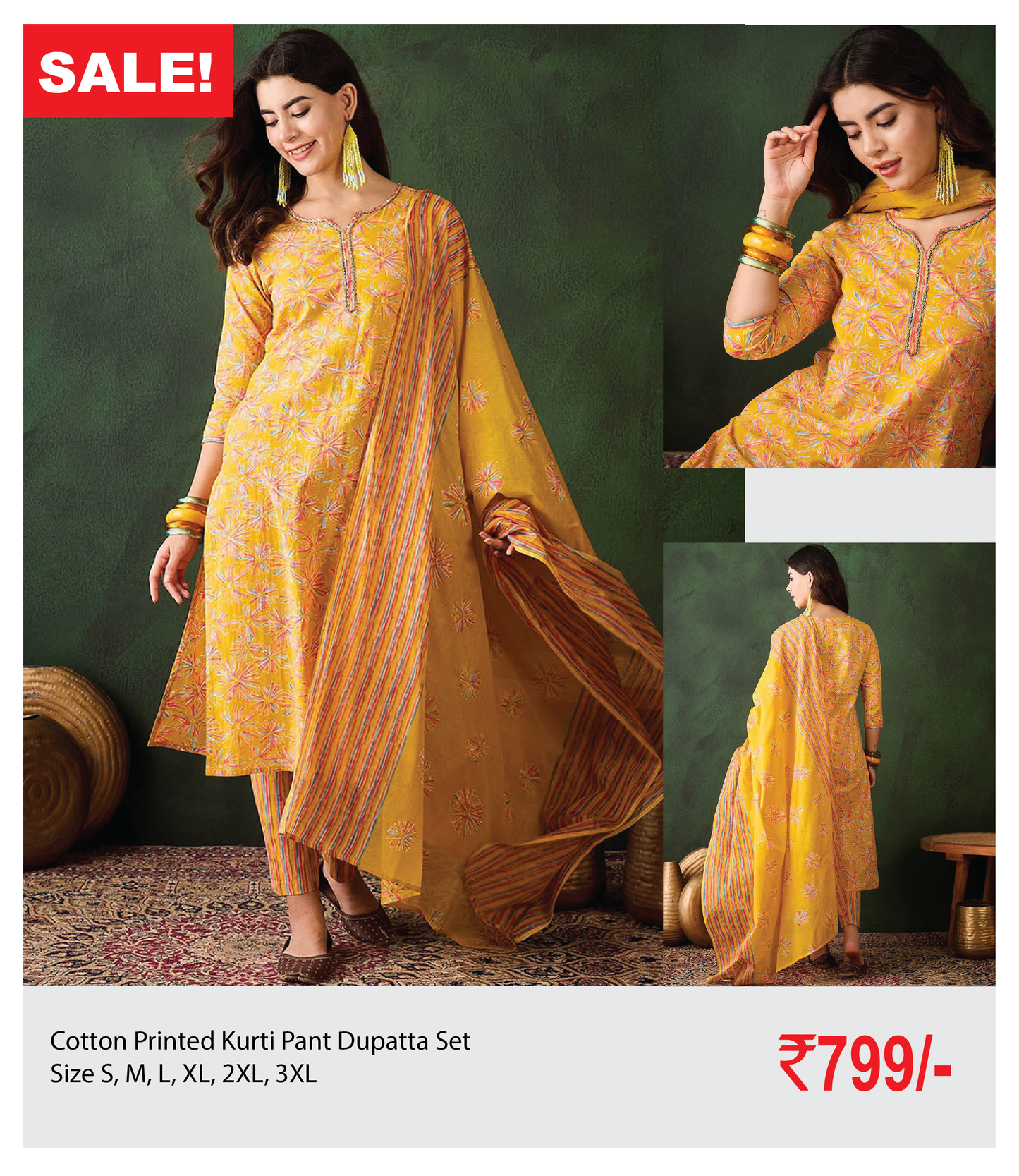 Cotton Printed Kurti Pant Dupatta Set