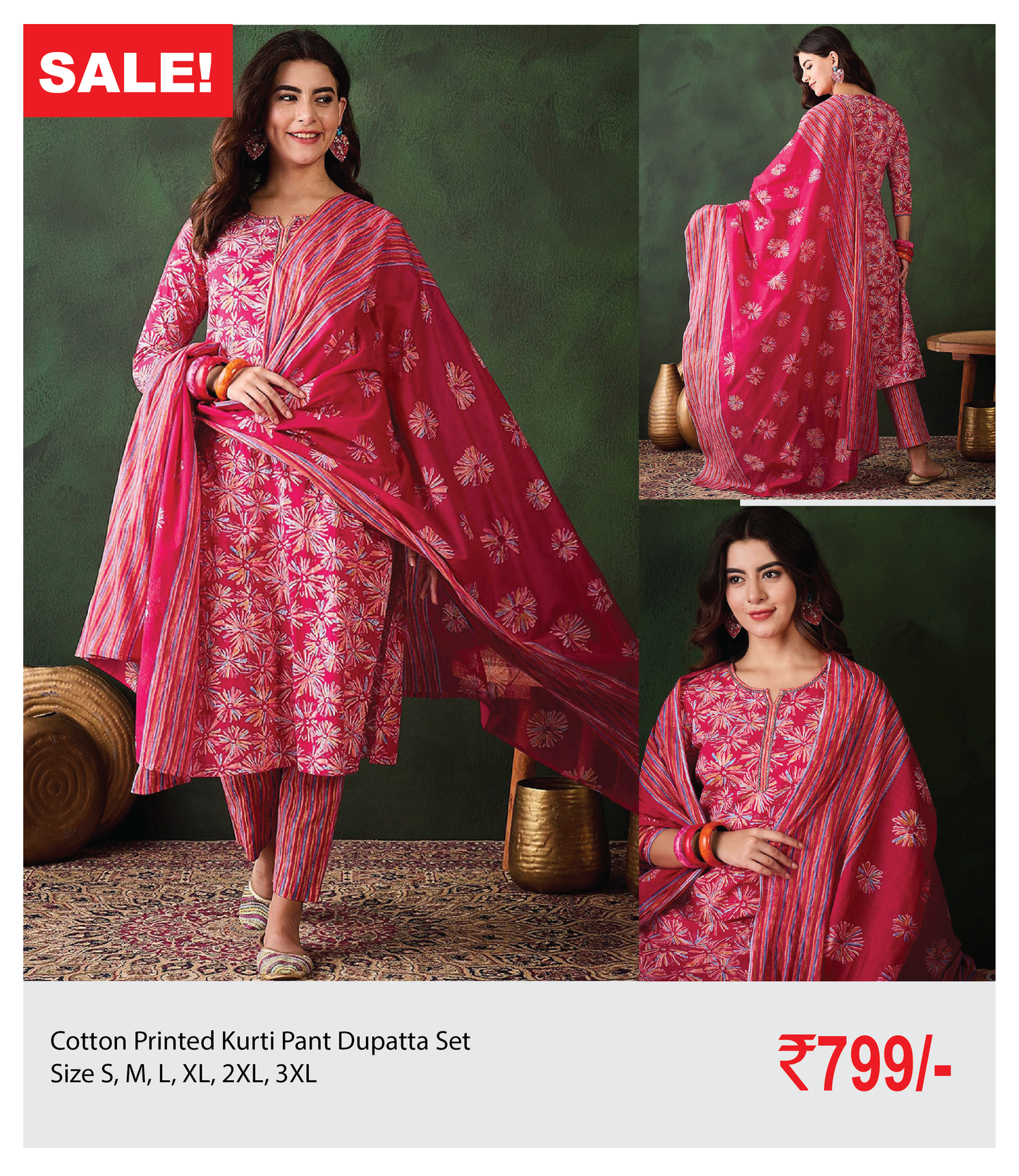 Cotton Printed Kurti Pant Dupatta Set