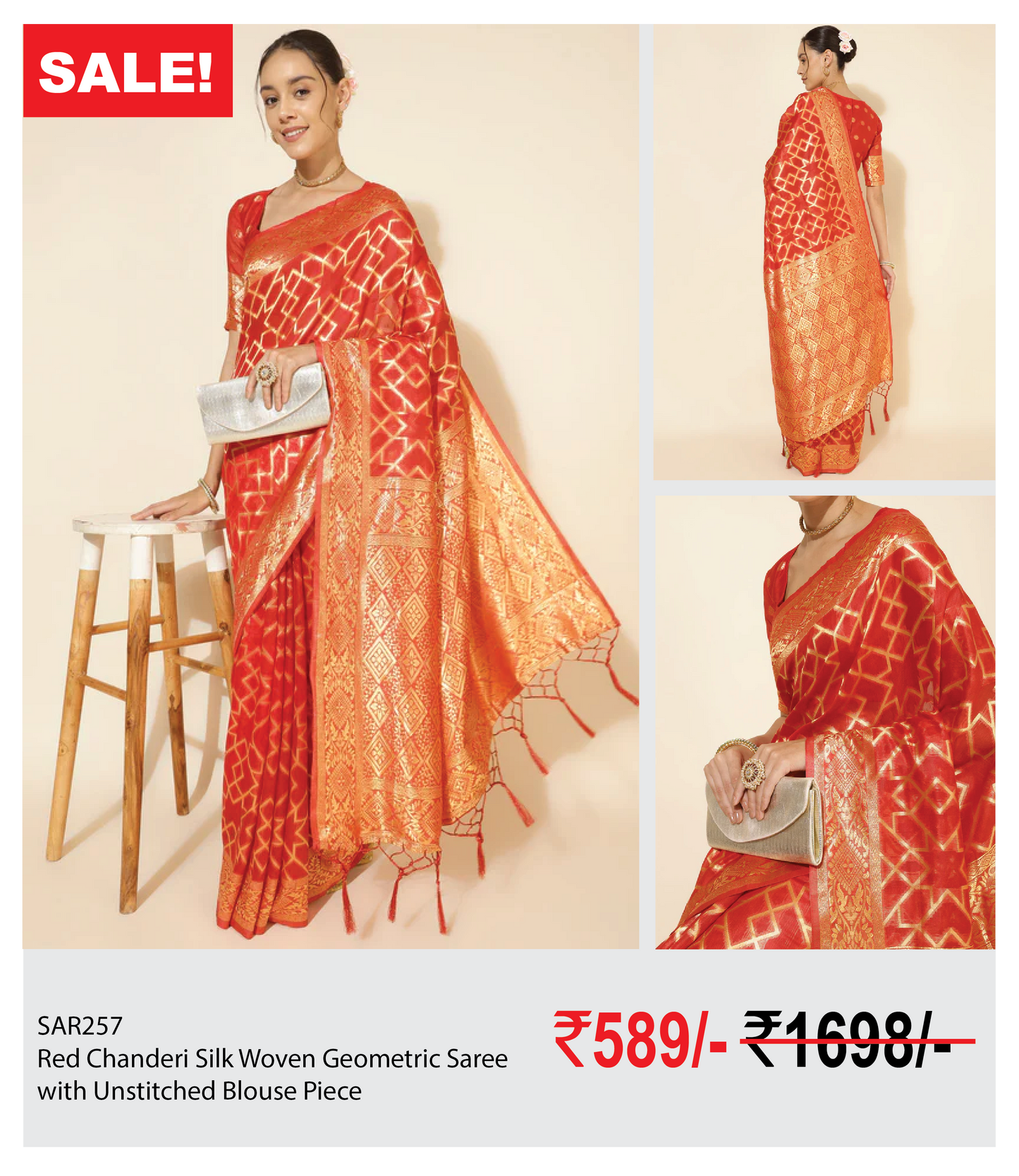 Red Chanderi Silk Woven Geometric Saree with Unstitched Blouse Piece