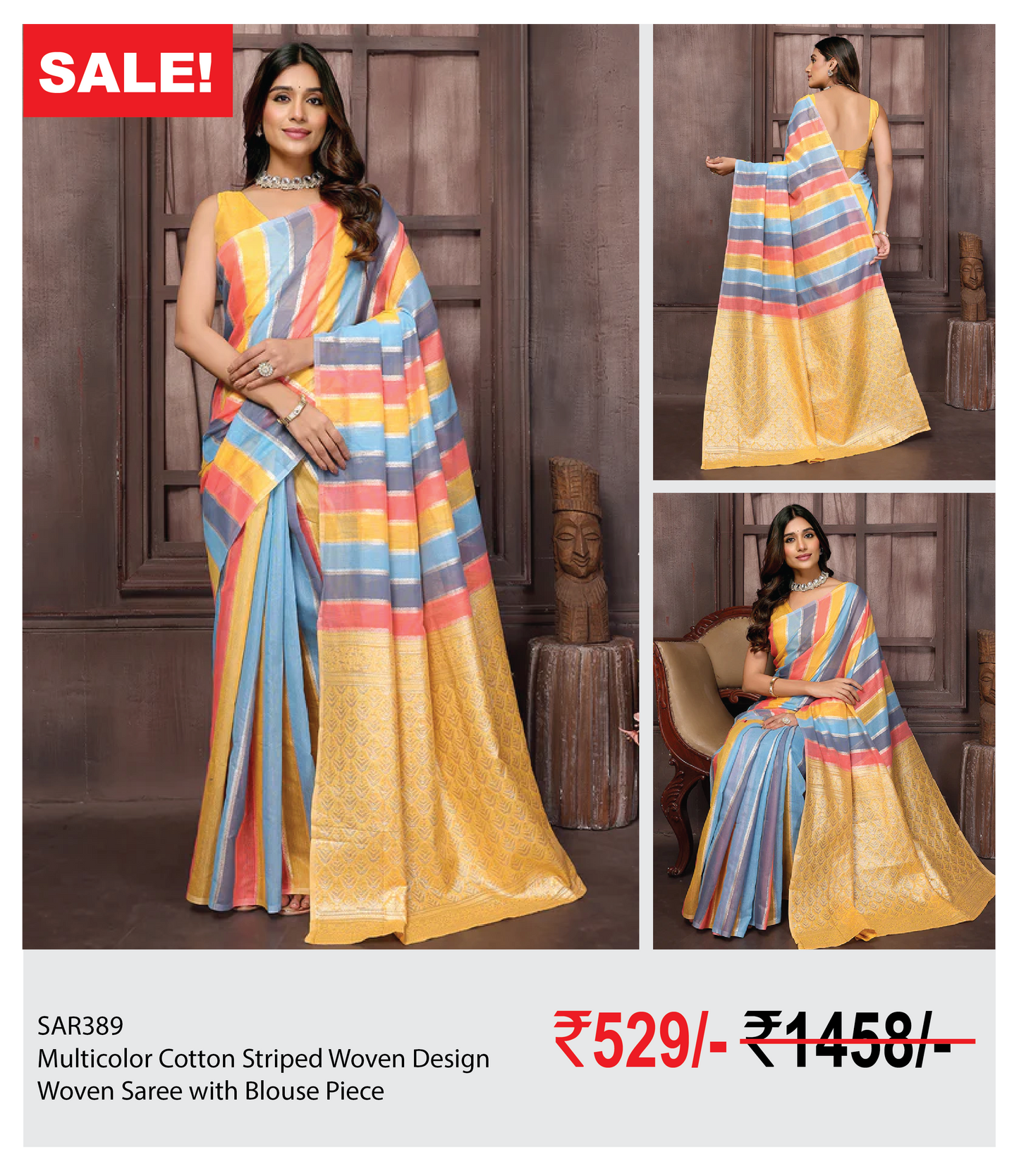 Multicolor Cotton Striped Woven Design Woven Saree with Blouse Piece