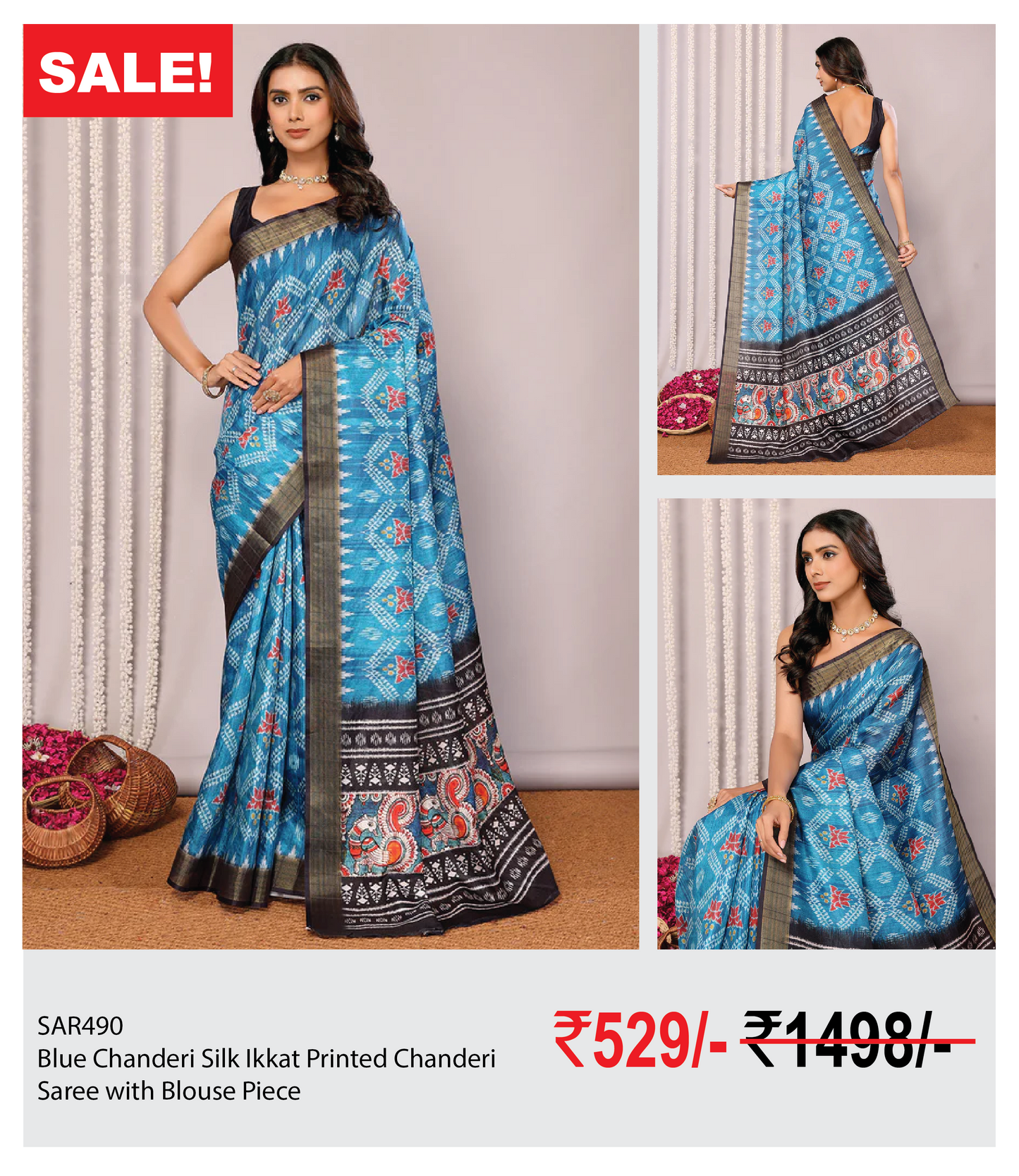 Blue Chanderi Silk Ikkat Printed Chanderi Saree with Blouse Piece
