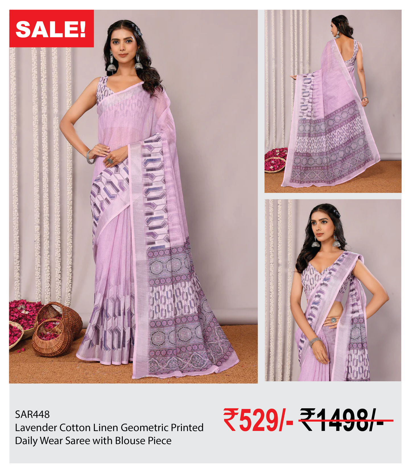 Lavender Cotton Linen Geometric Printed Daily Wear Saree with Blouse Piece