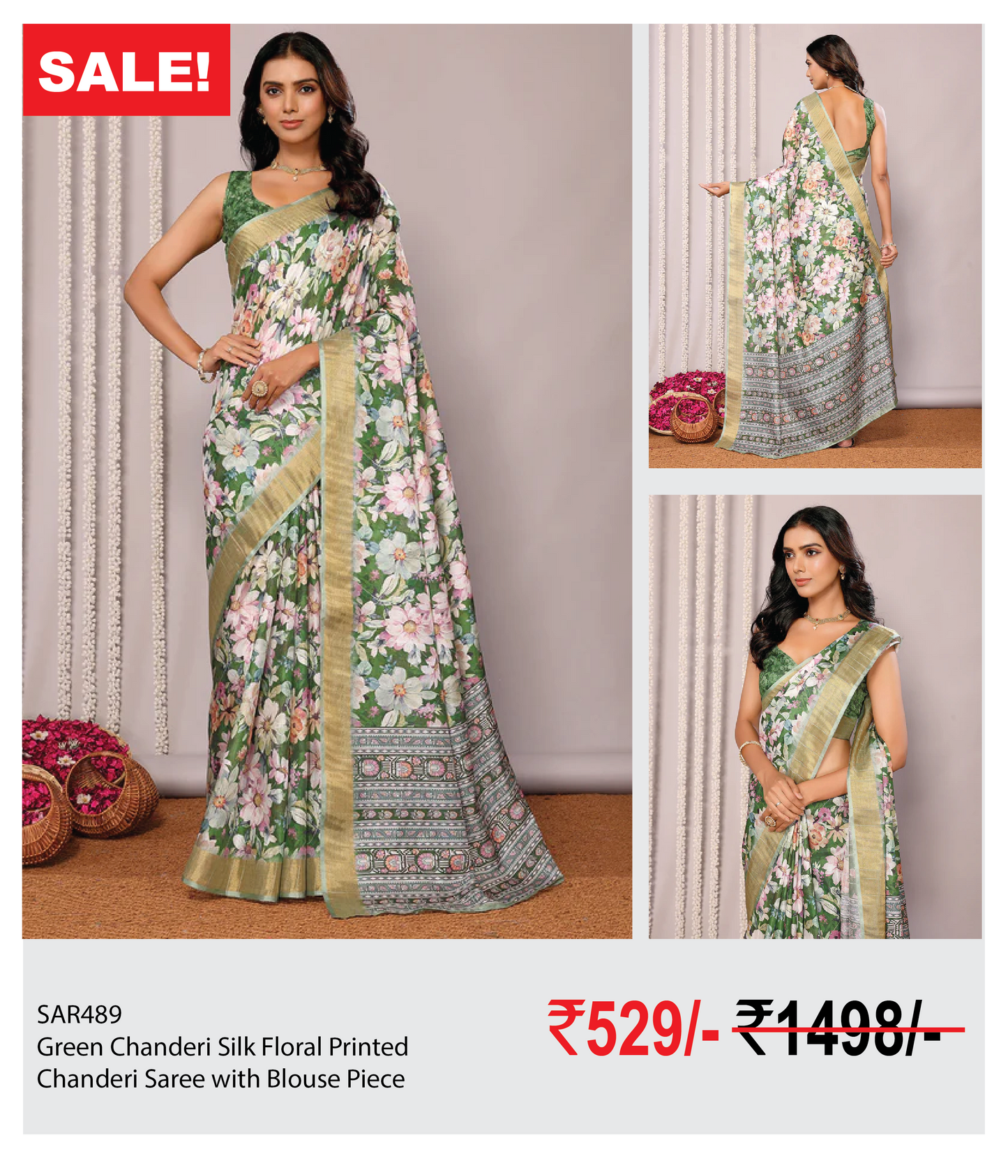 Green Chanderi Silk Floral Printed Chanderi Saree with Blouse Piece