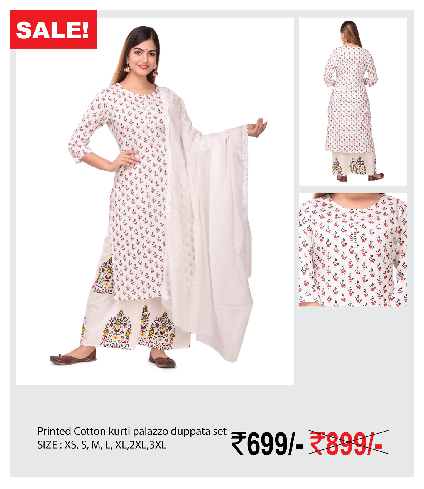 Printed Cotton kurti palazzo duppata set