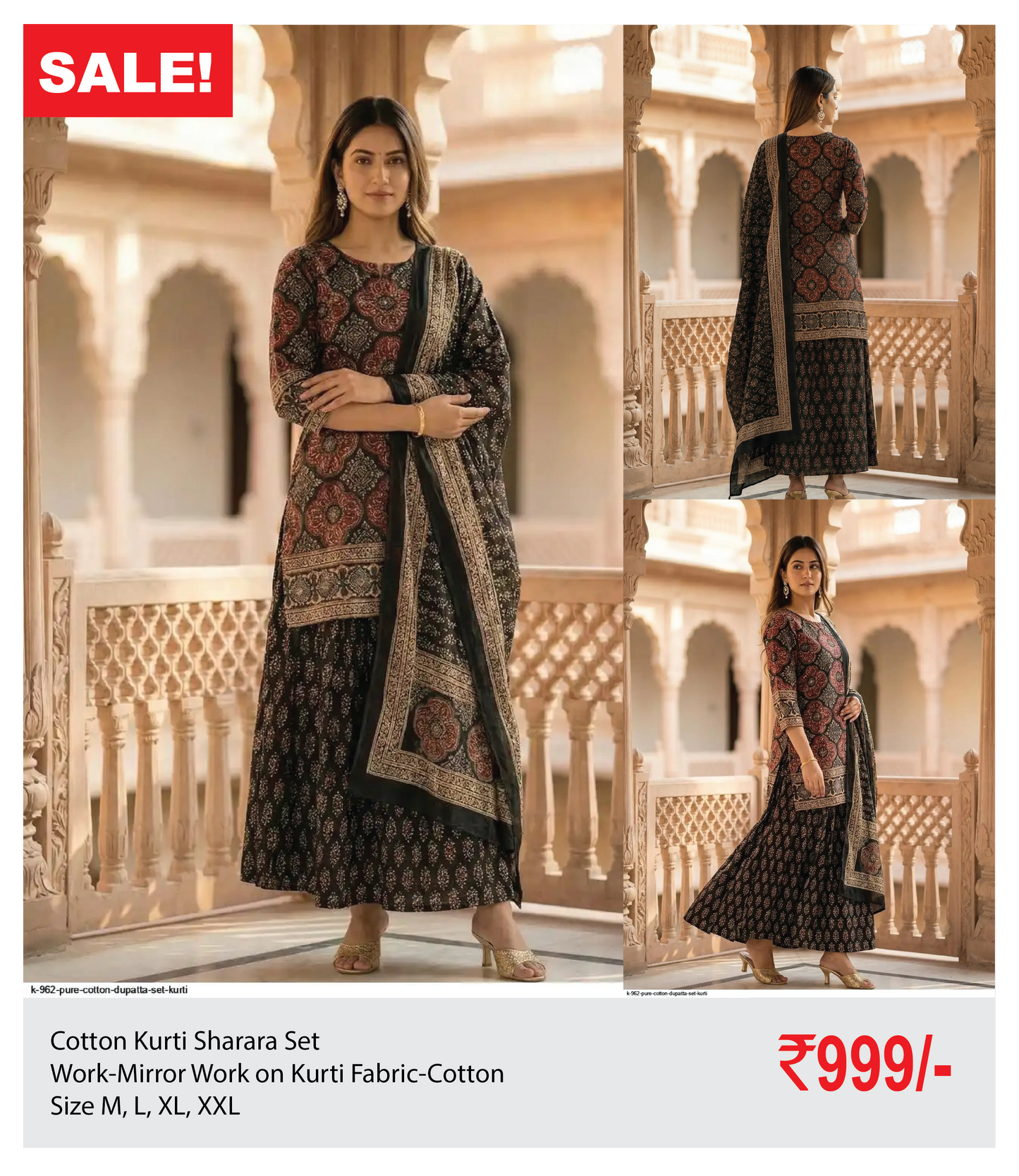 Cotton sharara kurthi set with mirror work on top