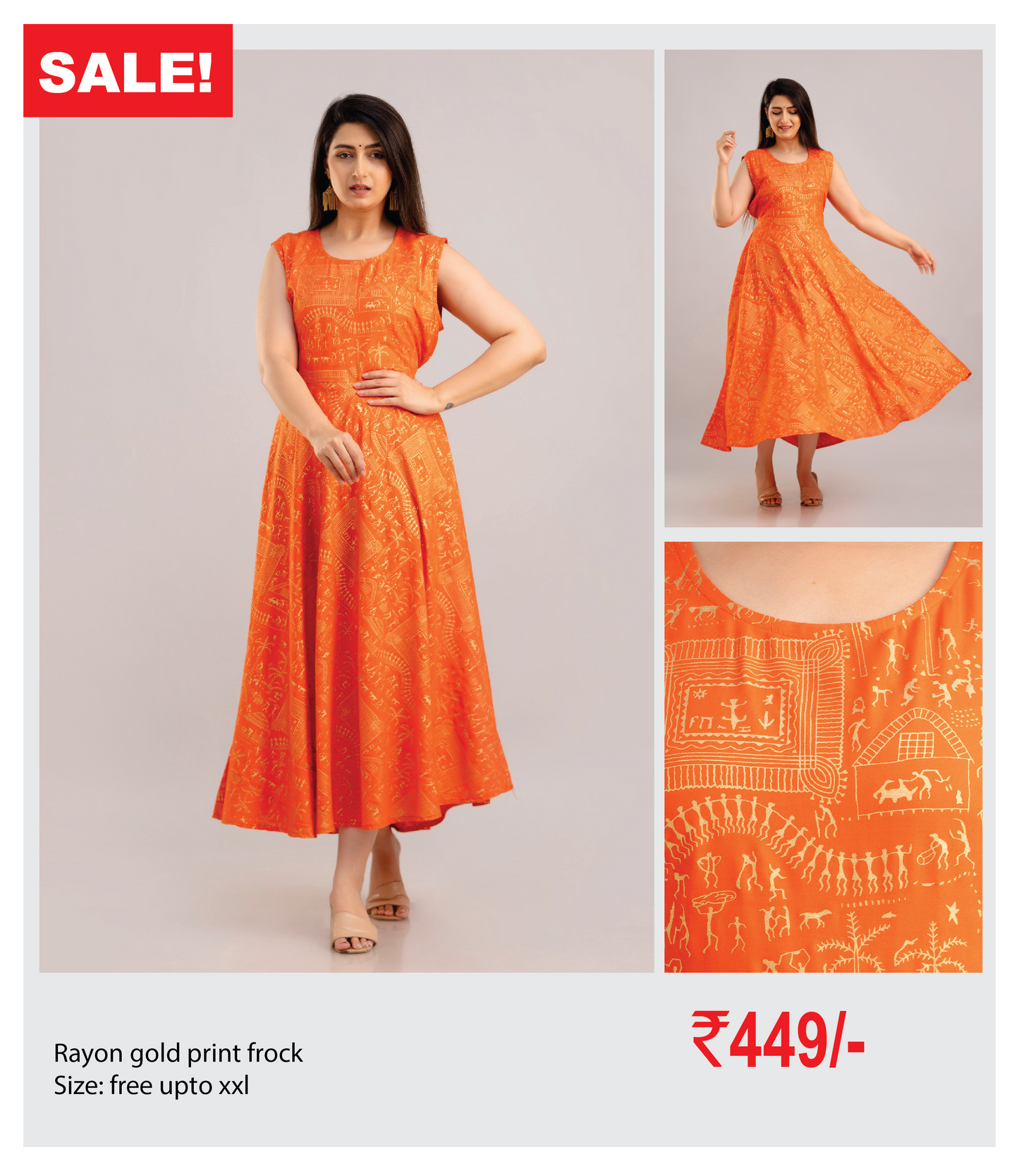 Rayon gold print frock with sleeves attached inside