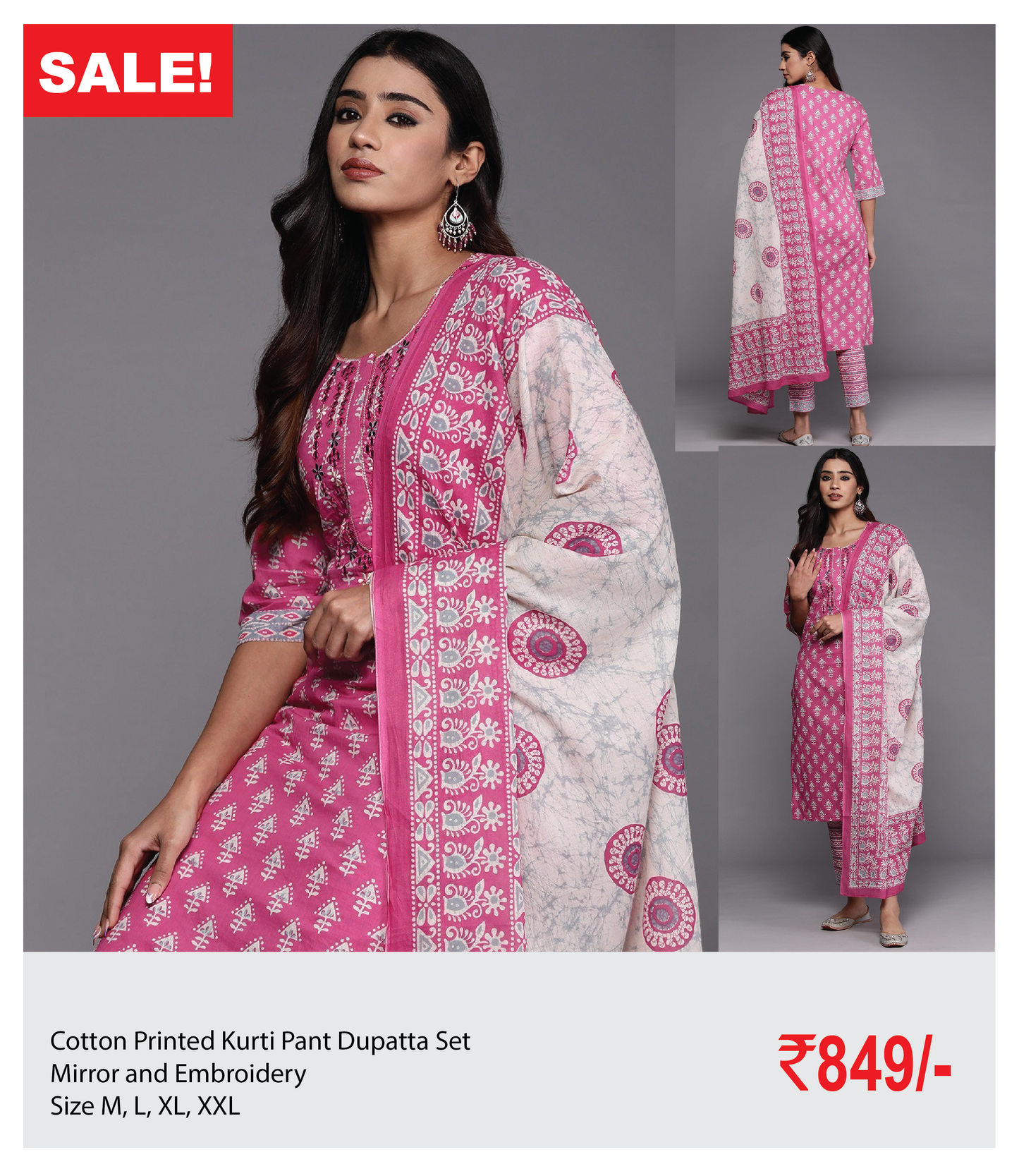 Cotton Printed Kurti Pant Dupatta Set with Mirror and Embroidery