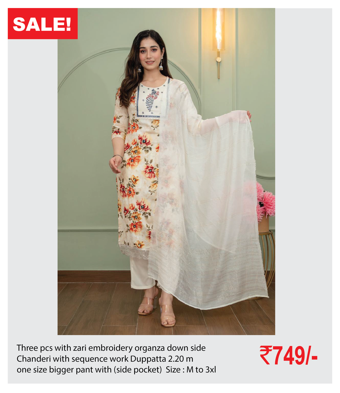 Zari Embroidery Organza Kurthi Set