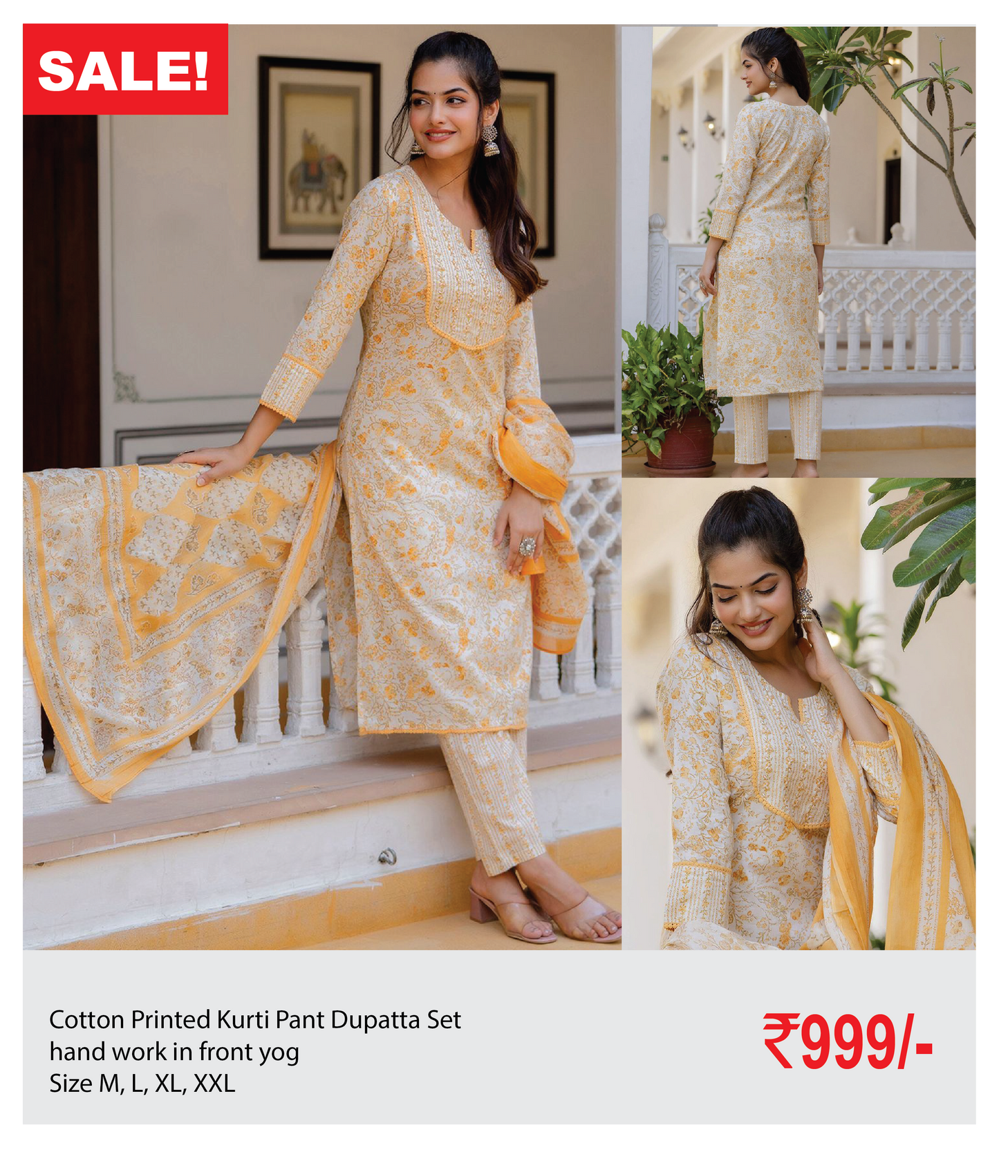 Cotton Printed Kurti Pant Dupatta Set with hand work in front yog