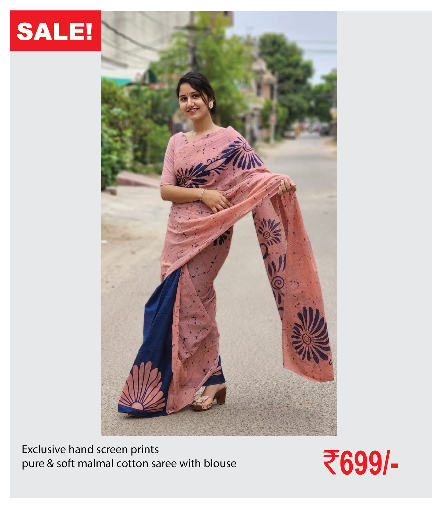 Exclusive hand screen prints  pure & soft malmal cotton saree with blouse