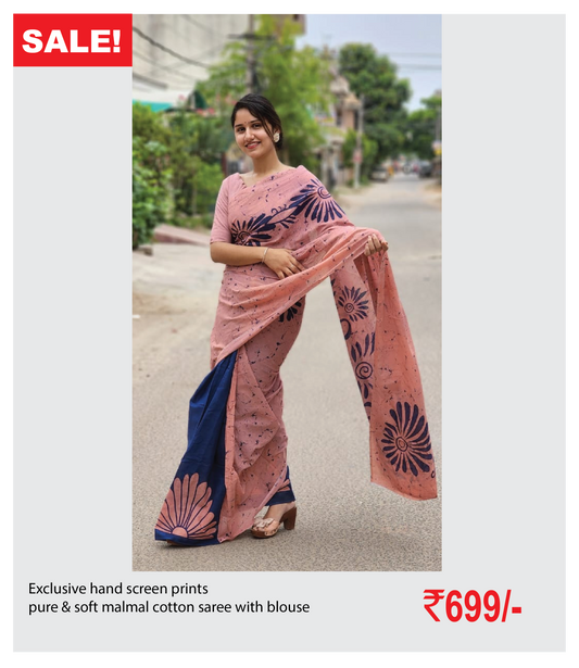 Exclusive hand screen prints  pure & soft malmal cotton saree with blouse