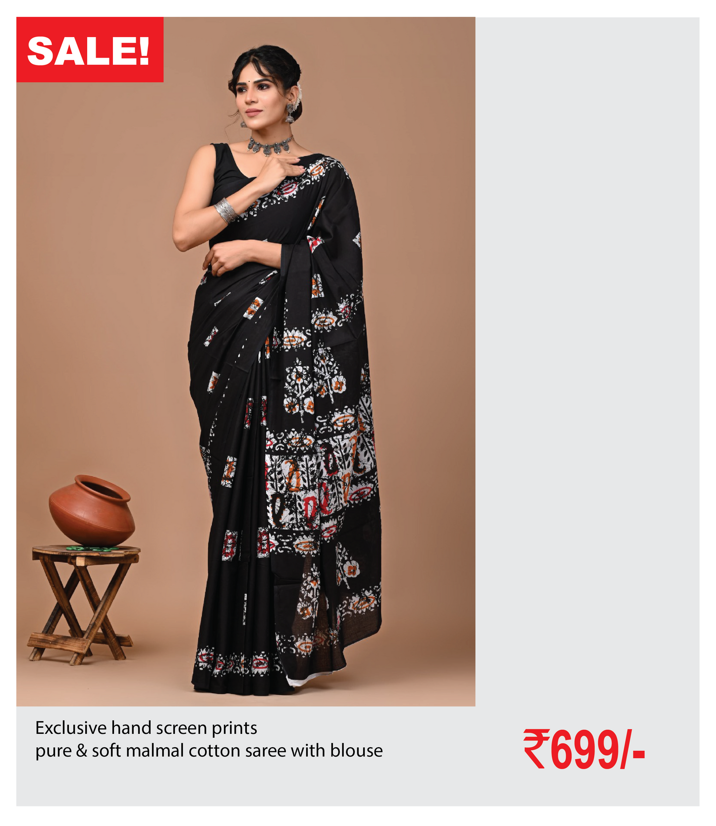 Exclusive hand screen prints  pure & soft malmal cotton saree with blouse