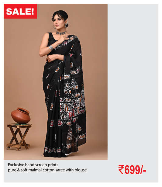 Exclusive hand screen prints  pure & soft malmal cotton saree with blouse