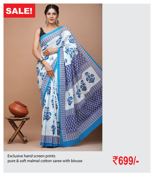 Exclusive hand screen prints  pure & soft malmal cotton saree with blouse