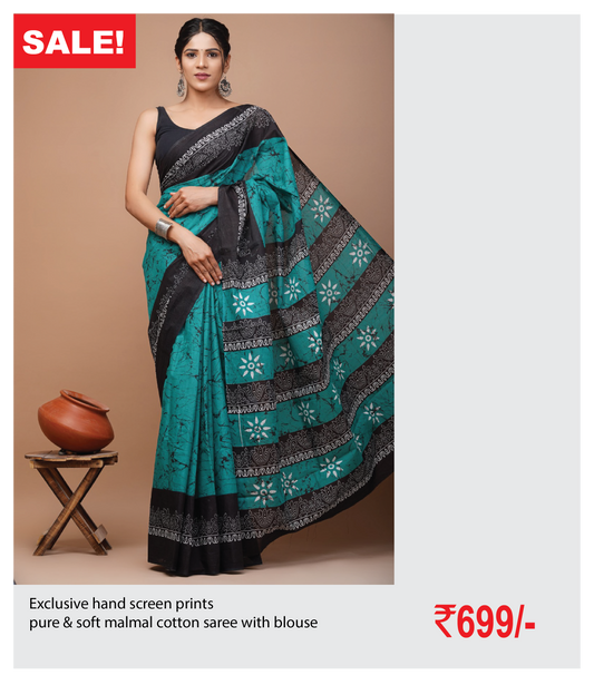 Exclusive hand screen prints  pure & soft malmal cotton saree with blouse