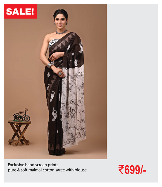 Exclusive hand screen prints  pure & soft malmal cotton saree with blouse