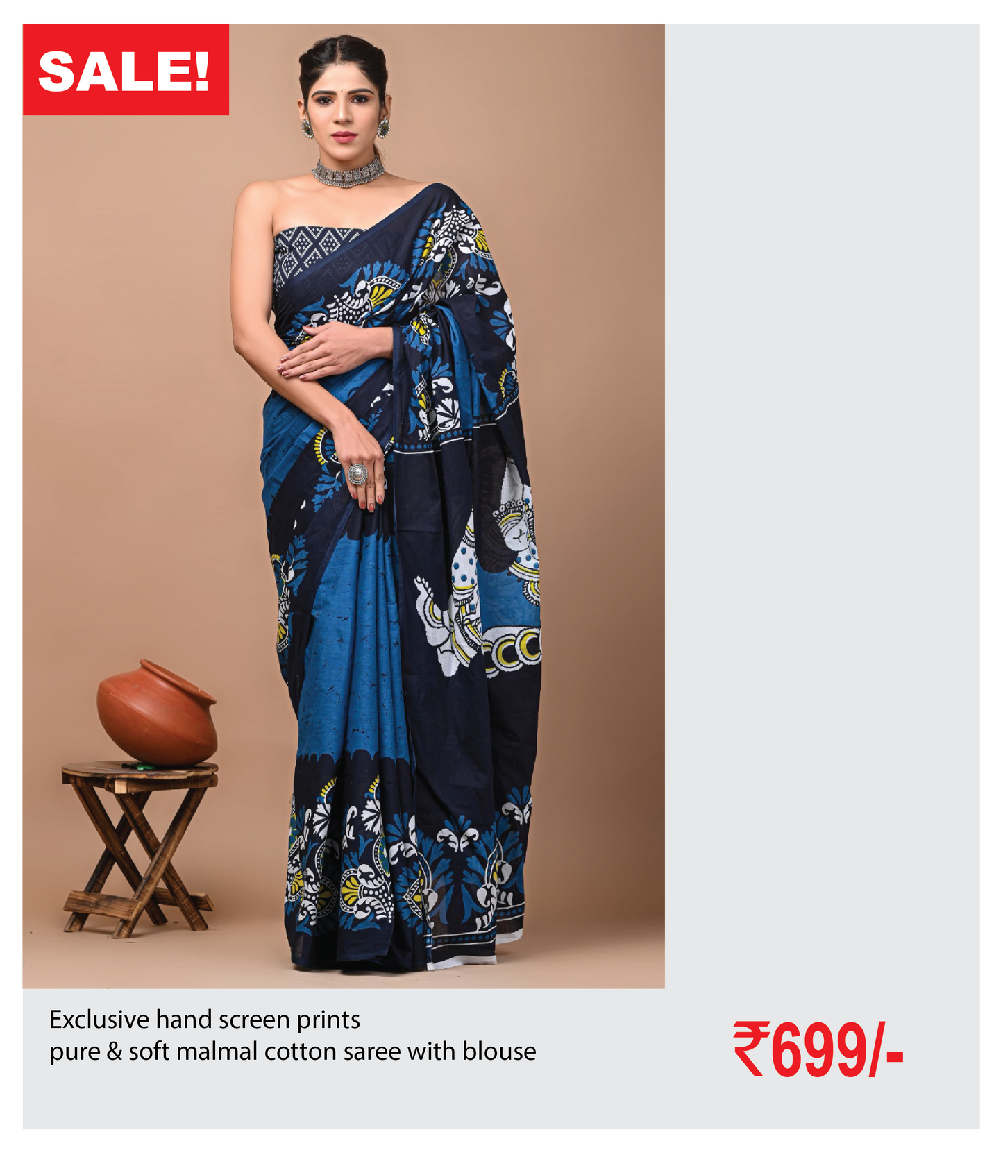 Exclusive hand screen prints  pure & soft malmal cotton saree with blouse