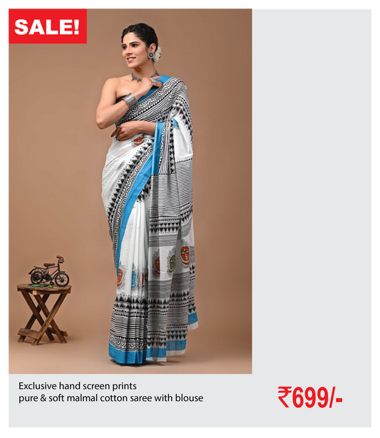 Exclusive hand screen prints  pure & soft malmal cotton saree with blouse
