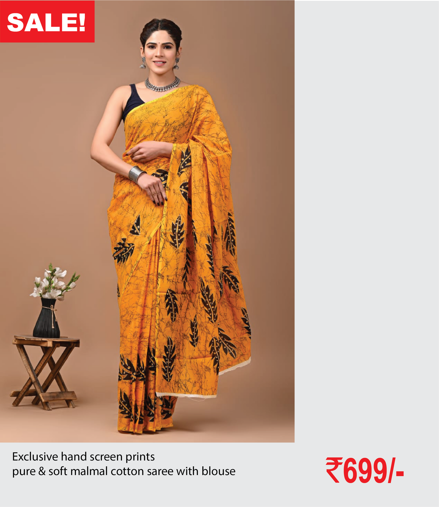 Exclusive hand screen prints  pure & soft malmal cotton saree with blouse