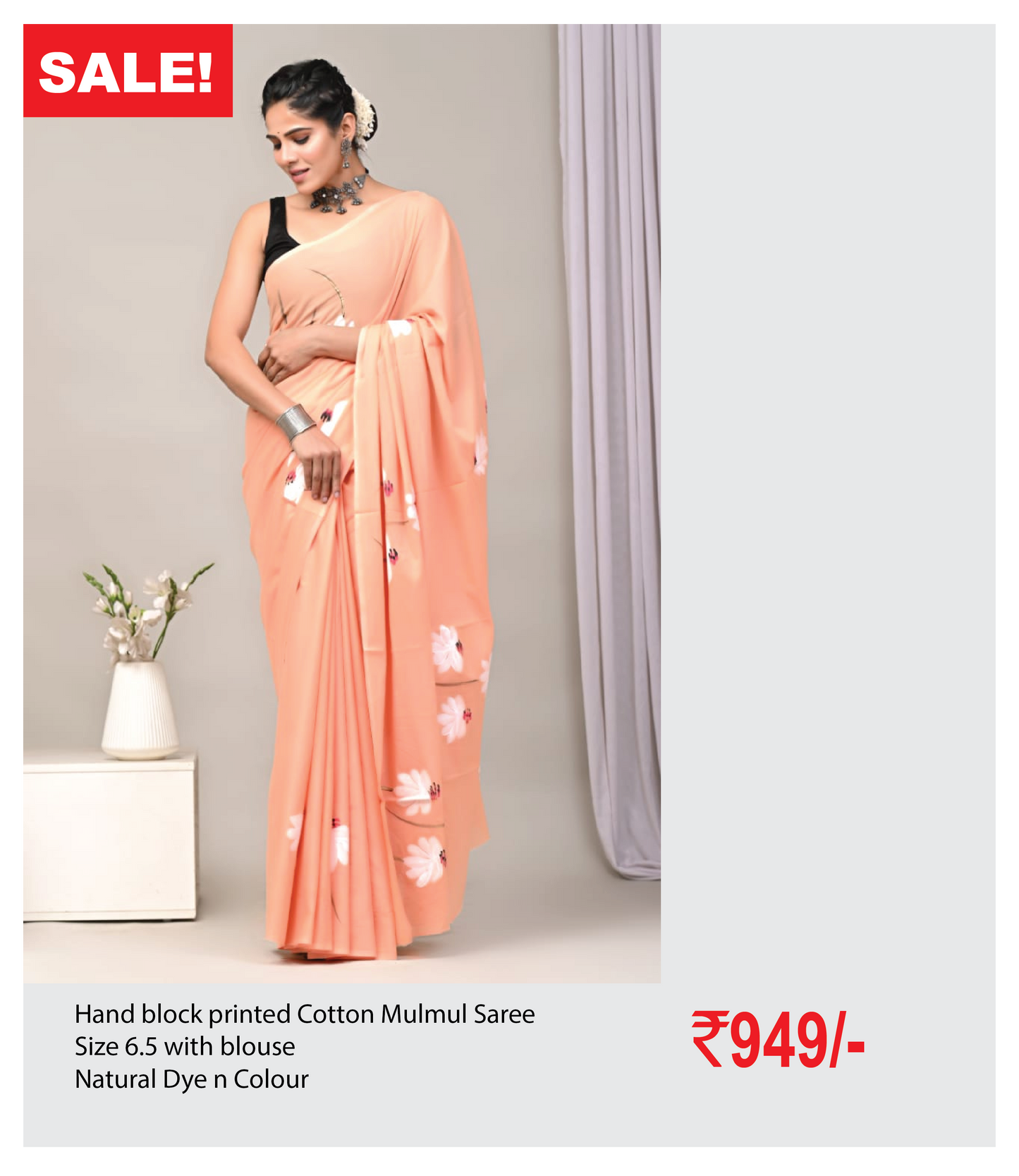 Hand block printed Cotton Mulmul Saree