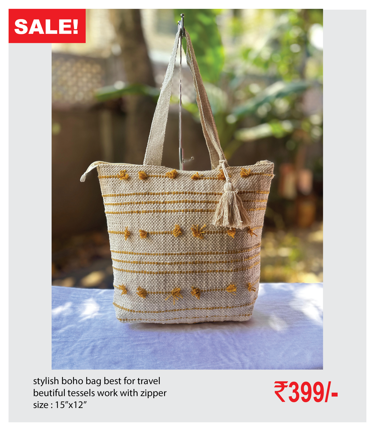 stylish boho bag best for travel  beutiful tessels work with zipper size : 15’’x12’’