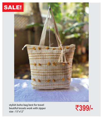 stylish boho bag best for travel  beutiful tessels work with zipper size : 15’’x12’’