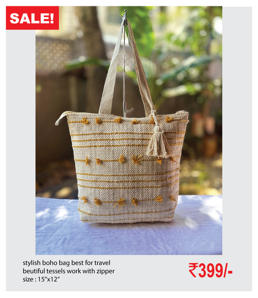 stylish boho bag best for travel  beutiful tessels work with zipper size : 15’’x12’’