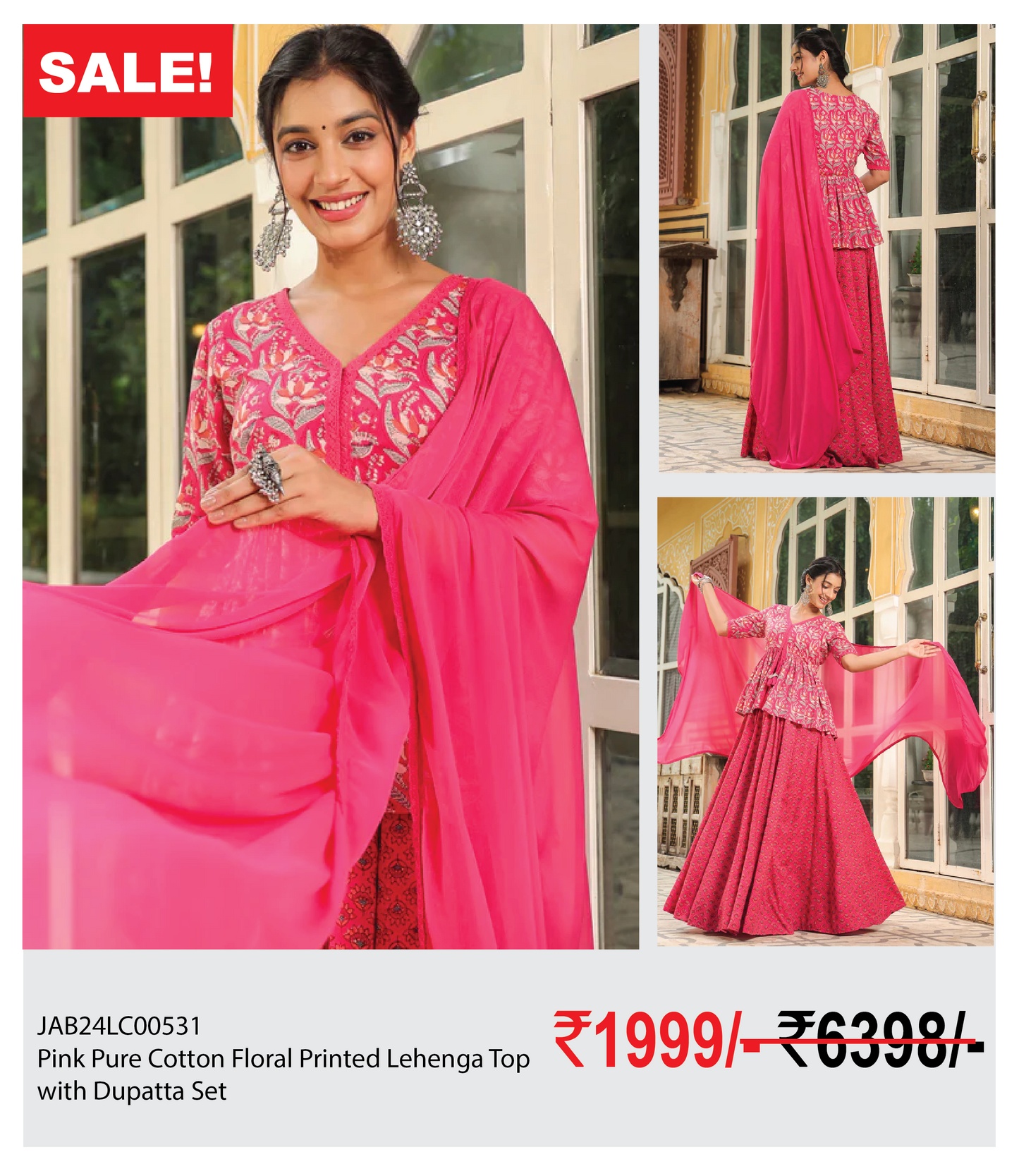 Pink Pure Cotton Floral Printed Lehenga Top with Dupatta Set