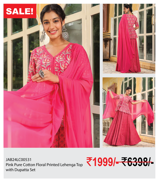 Pink Pure Cotton Floral Printed Lehenga Top with Dupatta Set