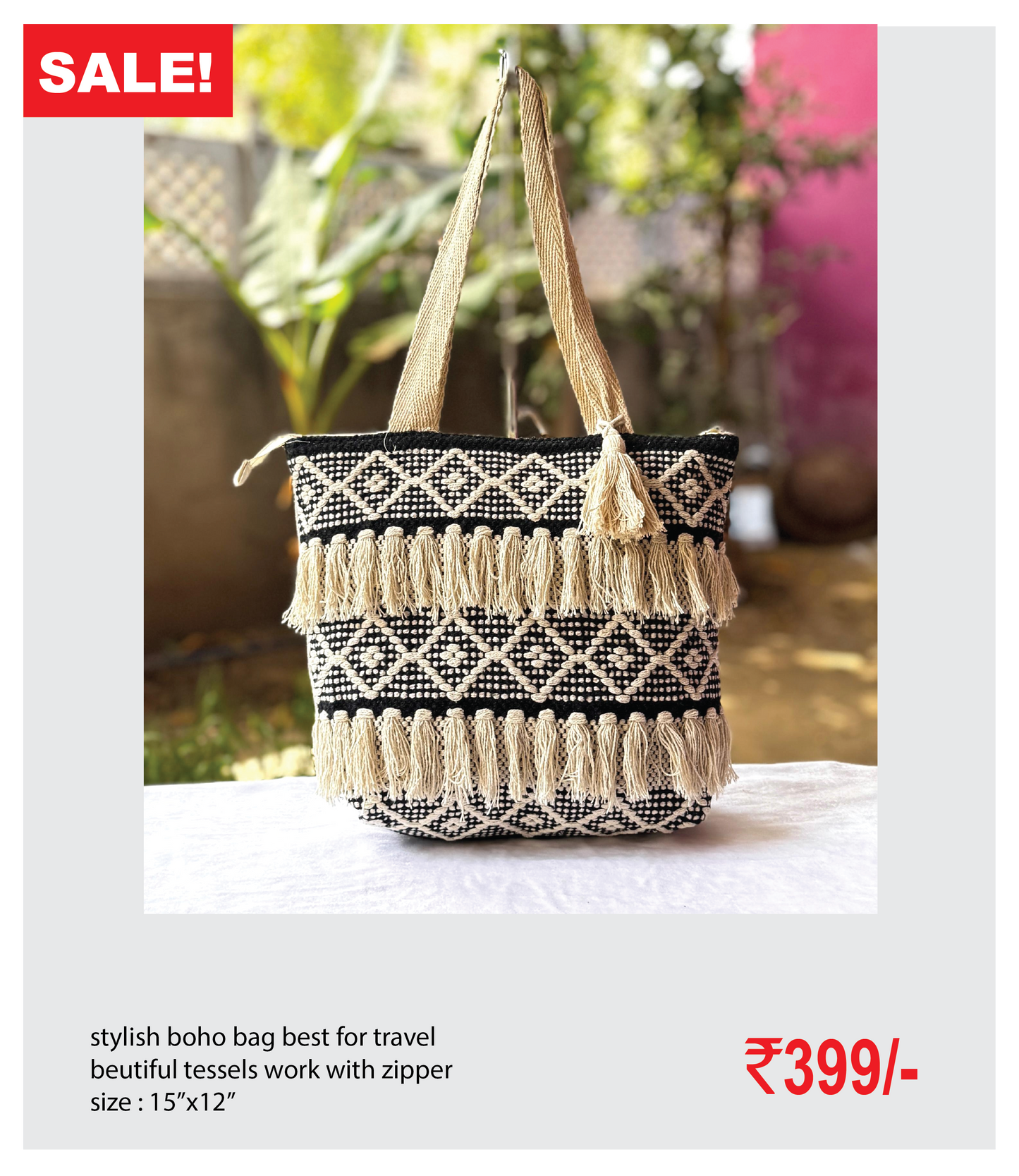 stylish boho bag best for travel beutiful tessels work with zipper size : 15’’x12’’