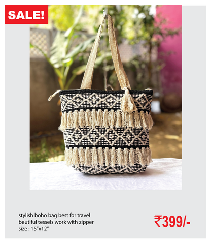 stylish boho bag best for travel beutiful tessels work with zipper size : 15’’x12’’