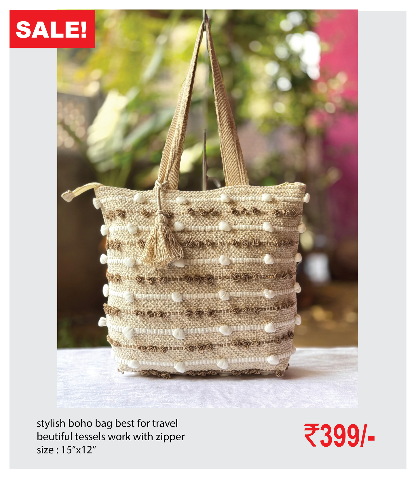 stylish boho bag best for travel beutiful tessels work with zipper size : 15’’x12’’