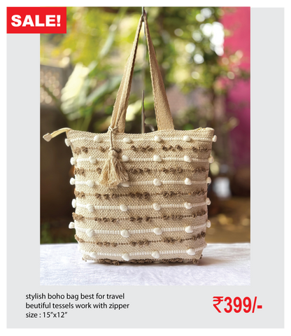 stylish boho bag best for travel beutiful tessels work with zipper size : 15’’x12’’