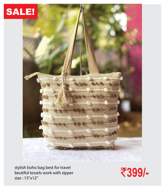stylish boho bag best for travel beutiful tessels work with zipper size : 15’’x12’’
