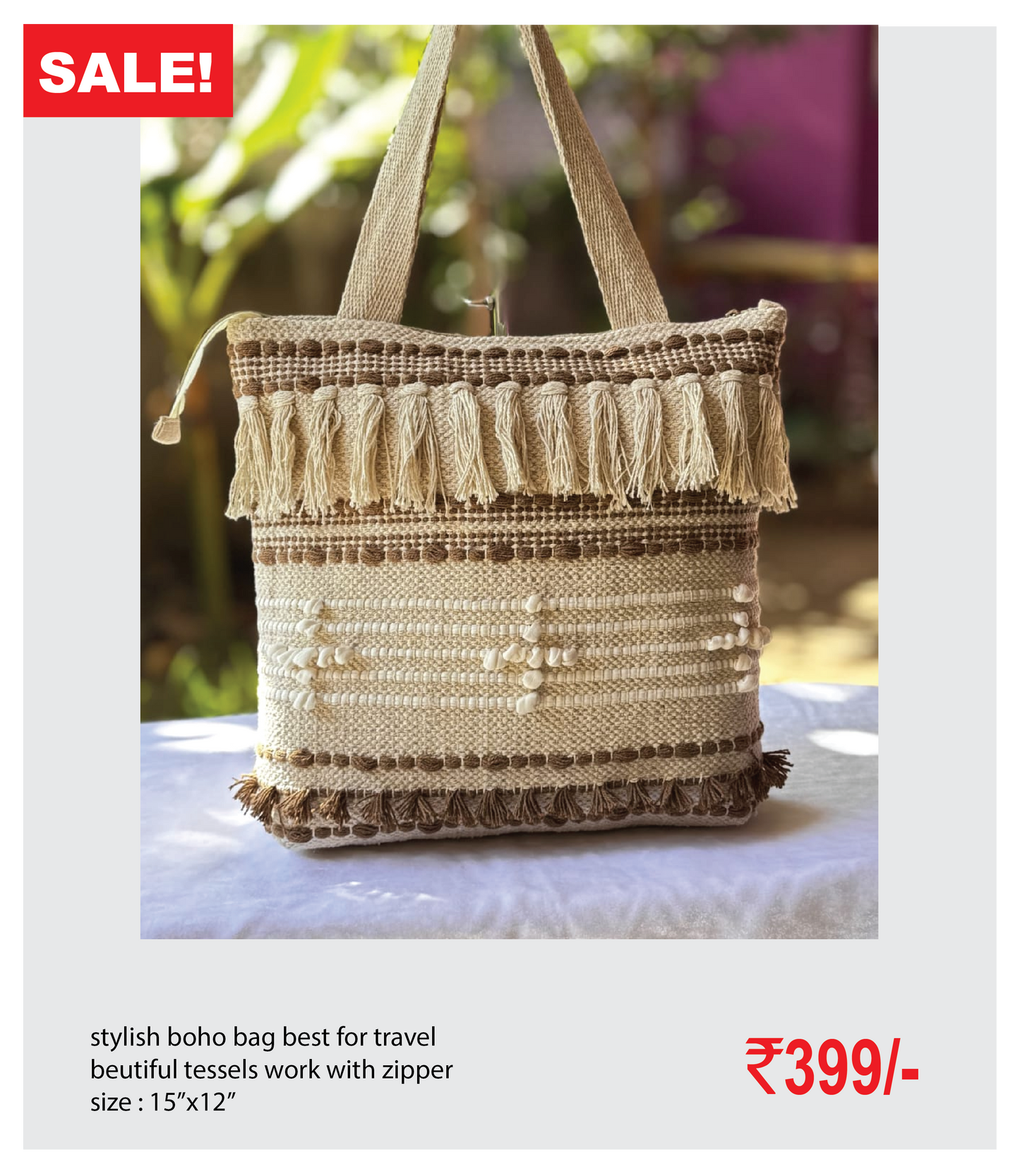 stylish boho bag best for travel beutiful tessels work with zipper size : 15’’x12’’