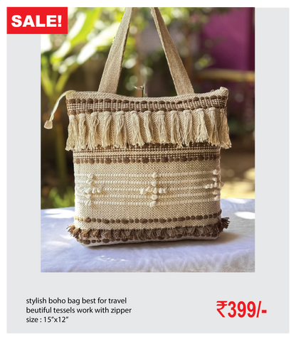 stylish boho bag best for travel beutiful tessels work with zipper size : 15’’x12’’
